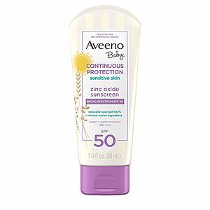 3-Pack 3.0 oz. Tubes Aveeno Baby Sensitive Skin Sunscreen Lotion , SPF 50 $6.98 & More - Amazon
