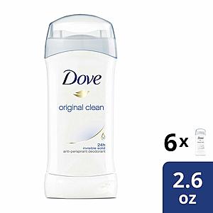 6-Pack 2.6oz Dove Antiperspirant Deodorant (Original Clean) $11.70 w/ S&S + Free S&H
