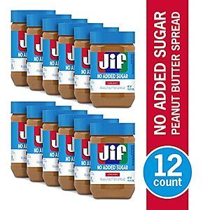 12-Ct 15.5-Oz Jif No Added Sugar Creamy Peanut Butter Spread $25.28 ($2.11 Each) w/ S&S + Free Shipping