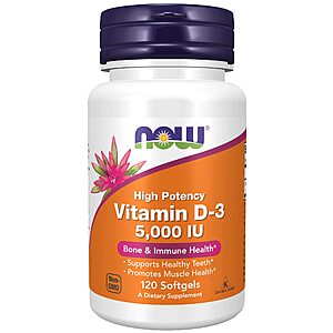 120-Count NOW Vitamin D-3 5,000 IU Softgels Dietary Supplement $4.30
