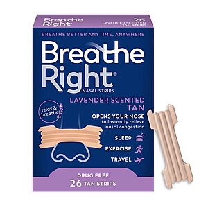 Breathe Right Nasal Strips: 26-Count Extra Stregth Lavender $6.97, 30-Count Tan Small/Medium $7.47 & More w/ S&S + Free Shipping w/ Prime or $35+