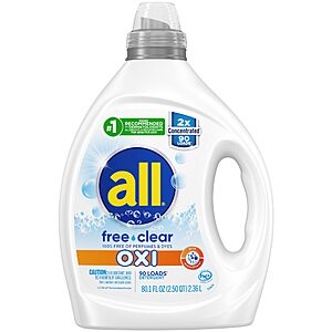 80.1-Oz All Free Clear for Sensitive Skin with OXI Liquid Laundry Detergent (90 Loads) $12 w/ S&S + Free Shipping w/ Prime or $35+