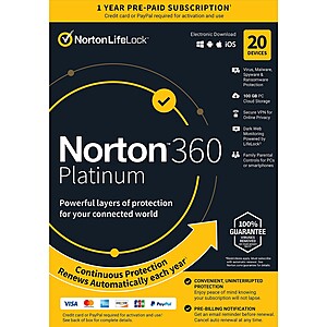 Norton 360 Platinum 1-Year Subscription / 20 Devices (Digital Download) $20