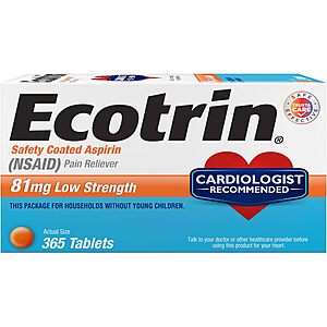 $7.59 /w S&S: Ecotrin Low Strength Aspirin, 81mg Low Strength, 365 Safety Coated Tablets Amazon