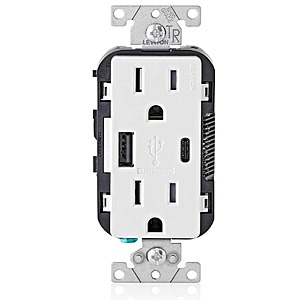 Leviton 15 Amp Decora Tamper-Resistant Duplex Outlet with Type A and C USB Charger, White (2-Pack) $19.99