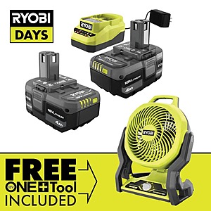 2-Pack Ryobi ONE+ 18V 4.0 Ah Compact Battery/Charger Kit + ONE+ Hybrid-Fan $99 + Free Shipping