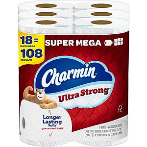 18-Count Charmin Super Mega Rolls Ultra Strong Toilet Paper $19.90