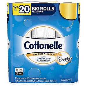 12-Ct Cottonelle Ultra Toilet Paper Bath Tissue Big Rolls (CleanCare) $3.75 + Free Shipping