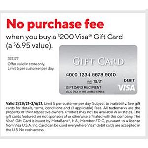 Staples No Purchase Fee on $200 VisaCard Gift Cards 02/28 - 03/06 -- IN STORE ONLY -Limit 5
