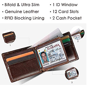 Mens Wallet Slim Genuine Leather RFID ($8.23-$9.89 AC)Thin Bifold Wallets For Men Minimalist Front Pocket ID Window 12 Card Holders $9.88