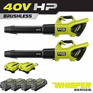 RYOBI 40V HP Brushless Whisper Series 190 MPH 730 CFM Cordless Battery Leaf Blower (2-Tool) with 4 Batteries and 2 Chargers - 2 Blowers+ for $329 Free shipping at Home Depot
