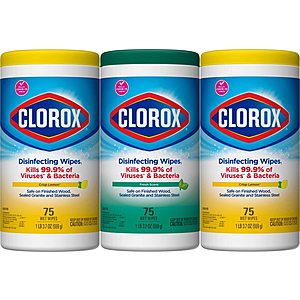 3 Pack, 75 Count, Clorox Disinfecting Wipes Value Pack, Cleaning Wipes, Bleach Free (225 Total Wipes)  $7.49 after coupon + FS w/ Prime or $25+ at Amazon