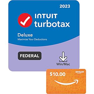 TurboTax Deluxe Federal 2023 + $10 Amazon Gift Card (Digital Download) $37 & More