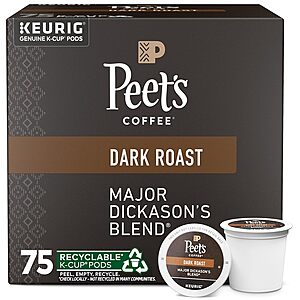 75-Count Peet's Coffee Major Dickason's Blend K-Cup Coffee Pods (Dark Roast) $24 w/ Subscribe & Save + Free Shipping