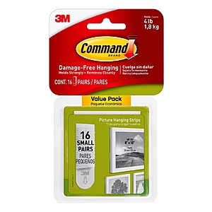 Command Hooks/Strips: 16-Pairs of 4lb. Command Picture Hanging Strips (Small) $3.80 & More