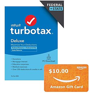 TurboTax Deluxe 2020 (Disc or PC/Mac Download) + $10 Amazon Gift Card $50 + Free S&H