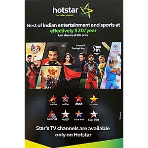 Hotstar USA Annual Subscription effectively at $30 after 40% OFF and $30 Amazon GC (Promo Code - KKNCSTAR) - Expired