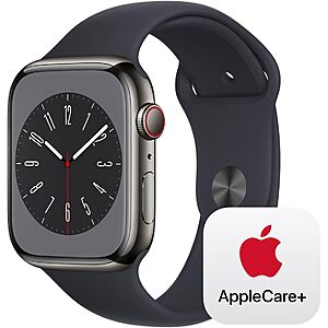 Apple Watch Series 8 GPS + Cellular 45mm Graphite Stainless Steel Case with Midnight Sport Band - M/L with AppleCare+ (2 Years) - Amazon - $529