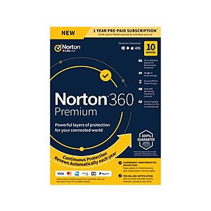 Norton 360 Premium - Antivirus Software for 10 Devices - Includes VPN, PC Cloud Backup & Dark Web Monitoring Powered by LifeLock [Key Card]  $25.99