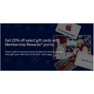 American Express Blue Membership Rewards - Up to 20%* discount on certain gift card redemptions (Apple, Delta, etc.) - Exp 12/22/2021