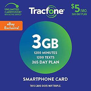 eBay Exclusive Annual Plans - Tracfone Prepaid Wireless Smartphone Plan+SIM-1200 Min,1200 Txt, 3GB Data - $49.99