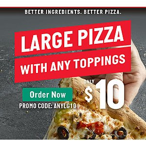 Papa John's:  Large pizza, any toppings, only $10 Offer expires 6/13/19