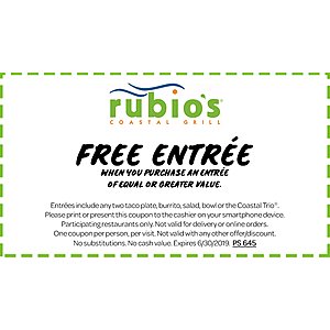 Rubio's Coastal Grill Restaurant: Any Entrees B1G1 Free via Printable Coupon
