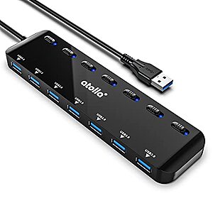 atolla 7-Port USB 3.0 Hub Splitter, USB Extender Ultra Slim Data USB Hub with Individual Power Switch and LEDs $12