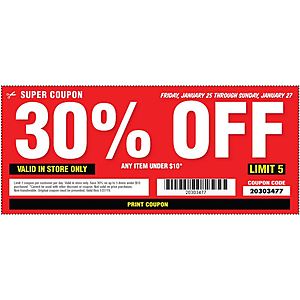 Harbor Freight Coupon: Any 5(five) Items Under $10 30% Off (Valid Through 1/27) $9.99