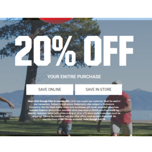 Dicks Sporting Goods 20% off your Purchase + Free Shipping on $49+ or free store pickup (Online or Instore)