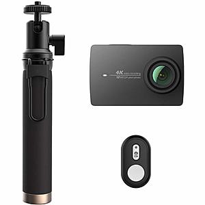 YI 4K Action and Sports Camera Selfie Stick Bundle, 4K/30fps Video 12MP Raw Image with EIS, Live Stream, Voice Control - Black [Camera + Selfie Set] $109