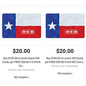 Buy $100.00 in Home Depot/Lowes Gift Cards, get FREE! $20.00 H-E-B Gift Card
