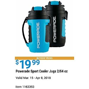 Powerade Sport Cooler Jugs 2/64 oz - $19. 99 (Valid Mar. 15 - Apr 8, 2018) @Costco Wholesale $19.99