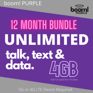 Boom mobile purple annual plan with unlimited talk, text and data with 4GB LTE per month $164