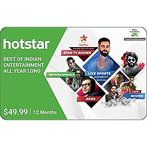 Hotstar US - one year subscription - $40.00 after $10 off code at Amazon