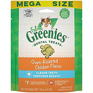 FELINE GREENIES Natural Dental Care Cat Treats, Chicken Flavor, Mega size 4.6 oz $1.40 S&S Select accounts  - $1.40