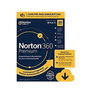 Norton 360 Premium - 10 licenses/1yr $26( download or key card (FS)), Newegg, $26, AC