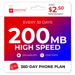 360-Day Red Pocket Prepaid Plan: 200 Min Talk + 1000 Texts + 200MB LTE / Month $30 + Free Shipping