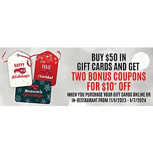 Red Lobster: Buy $50 in Gift Cards, get 2 Bonus Coupons for $10 off (see terms)