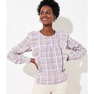 Loft Women's Apparel: Plaid Ruffle Cropped Blouse $3.95, Bouquet Textured 3/4 Sleeve Cardigan $7.99 & More + Free Shipping