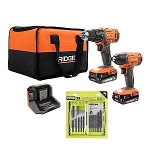 Rigid 18V Cordless 2-Tool Combo Kit with 2 Batteries, Charger, Bag and Black Oxide Round Shank Drill Bit Set (25-Piece) Free Shipping $89