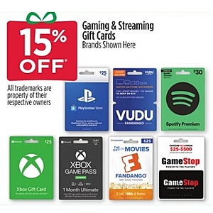 Dollar General in store, 15% off select gaming and streaming gift cards - Playstation, Vudu, Spotify, Xbox, Xbox Game Pass, Fandango, Gamestop