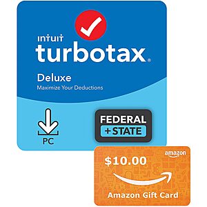 TurboTax 2021 Tax Software w/ $10 Amazon GC: Deluxe Federal+State $40, Federal $30 & More (PC/Mac Download/Physical Disc)