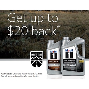 Buy Select Mobil Synthetic Motor Oil & Mobil Products at Participating Retailers, Get Up to $20 Rebate