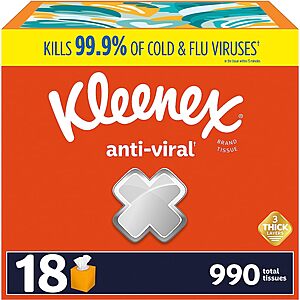18-Pack 55-Count Kleenex Anti-Viral 3-Ply Facial Tissues (990 Total Tissues) $19.55 w/ S&S + Free Shipping