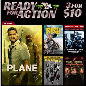 Ready for Action Digital Films (4K/HD): 3 for $10: SISU, Plane, Terminator 2: Judgment Day, Hell or High Water, 3:10 to Yuma (2007), Rambo (2008), Transporter 3, Crank & More