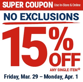 Harbor Freight 15% off single item no exclusions 3.29 - 4.1