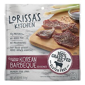 4-Pack 2.25-Oz Lorissa's Kitchen Premium Grass-Fed Steak Jerky Strips (Korean Barbecue) $7.41 w/ S&S + Free Shipping w/ Prime or on $35+