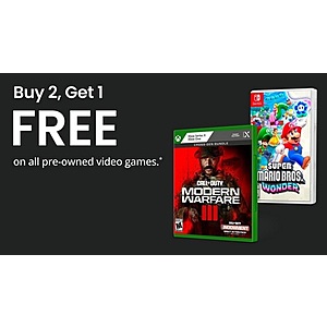 Buy 2 Get 1 Free On ALL Pre-owned Games @ Gamestop