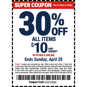 Harbor Freight Online/In-Store Coupons: 30% Off Any Single Item Under $10 (Valid thru 4/28)